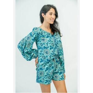Clara the Label Victoria Dunn Briar Blouse in Blue Bonnet Sz 2XL Block Print NWT